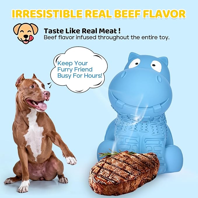 petizer Tough Squeaky Dog Toys for Aggressive Chewers - Durable Natural Latex Rubber Dog Toy with Real Beef Scent, Indoor & Outdoor Trainning Toy for Medium, Large Breeds - Blue Hippo