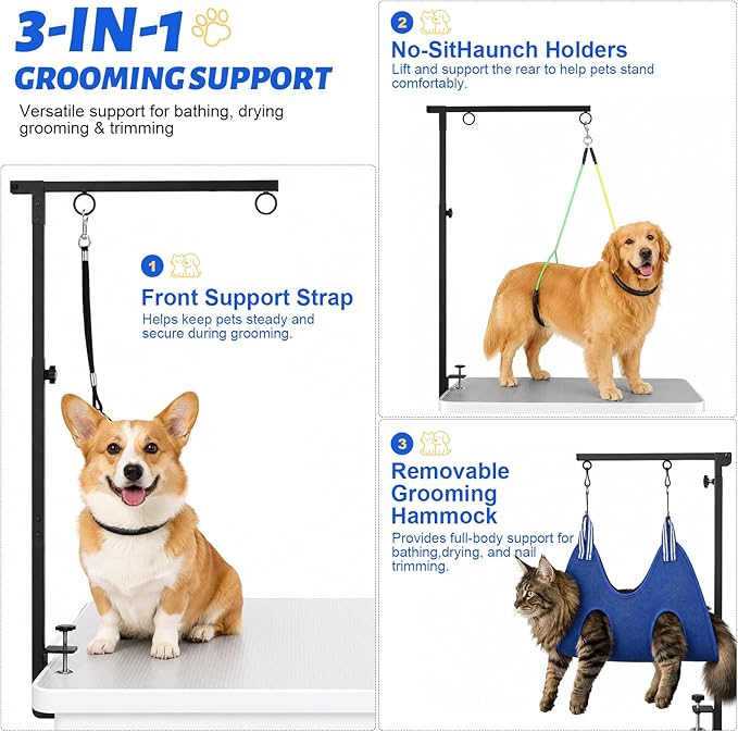Foldable Dog Grooming Arm with Clamp, Adjustable Height 29"-41" for Small & Medium Dogs, Grooming Table Arm with Hammock and No-Sit Haunch Holders, Portable Home Salon Grooming Support
