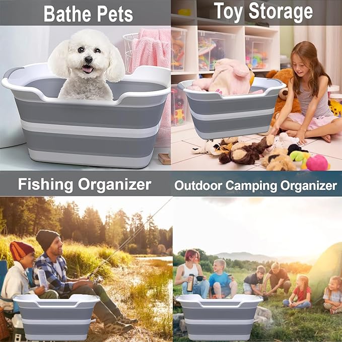 Multi-Functional Collapsible Dog Bathtub with Brush,Drainage Hole, 7.1 Gal/27L Portable Laundry Basket, Foldable Small Pets Bathtub, Bathing Tub for Puppy Small Dog Cat (Grey)