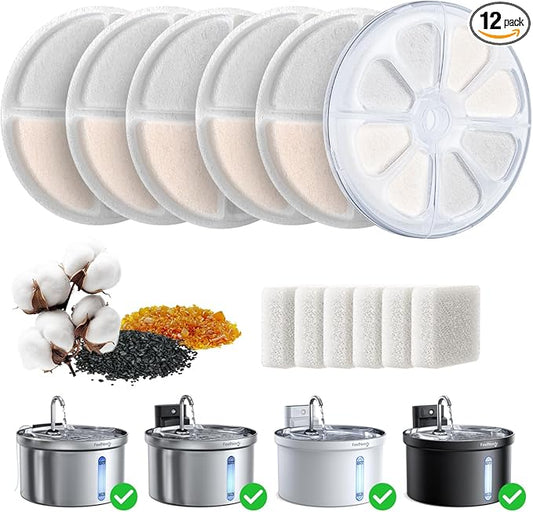 6 Pack Cat Water Fountain Filter & 6 Pack Pump Filter Sponges Replacement for [FN-W08L] and [FN-W06] - 6 Filters+1 ABS Shell+6 Sponges