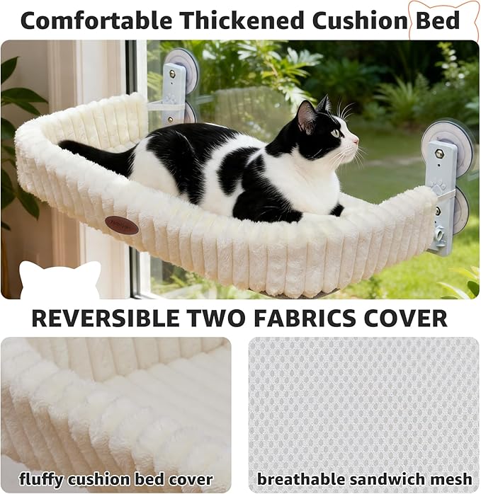 Woochpet Cordless Cat Window Perch, Large Size Hammock with 4 Strong Suction Cups, Cat Hammock for Window with Two Fabrics Cover, Foldable Bed for Cats, White