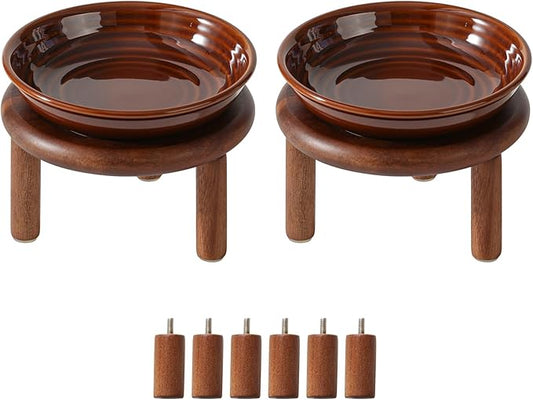 Havniva Elevated Cat Bowls Raised Ceramic Cat Bowl, 5.9” Wide Opening Cat Food Bowl Whisker Friendly Cat Dish Anti-Slip with Wood Stand, Shallow Pet Food & Water Bowl for Indoor Cats