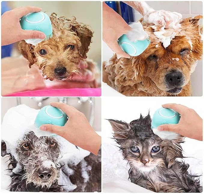 Pet Bath Massage Brush Puppy Dog Cat Grooming Soft soap Dispensing(Pink)
