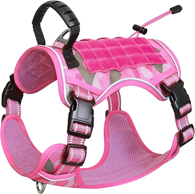 Hotsky Tactical Dog Harness No Pull，Adjustable Service Dog Vest Reflective Military Pet Harness with Control Handle Molle Loop Panels for Training Walking Running(Pink Camo, M)