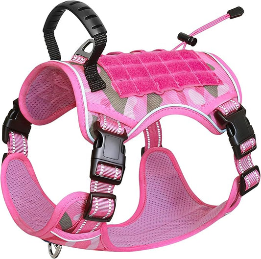 Hotsky Tactical Dog Harness No Pull，Adjustable Service Dog Vest Reflective Military Pet Harness with Control Handle Molle Loop Panels for Training Walking Running(Pink Camo, M)