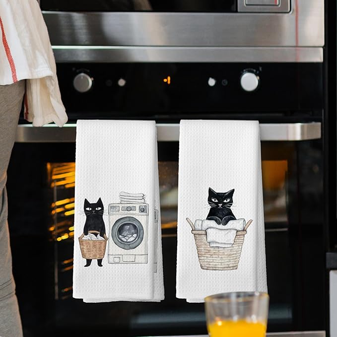 Black Cat Laundry Hand Towels, Cat Lovers Mom Gifts Hand Towel for Bathroom Decor, Funny Laundry Kitty Kitten Decorative Towels for Bathroom Washroom Room 16x24 Inch Set of 2