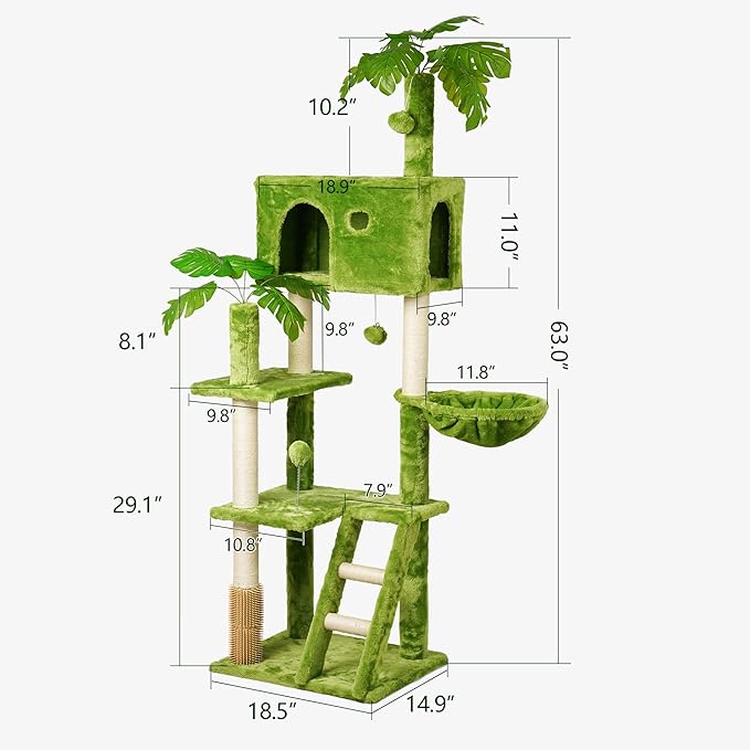 Meecal 65in Tall Cat Tree with Leaves for Indoor Cats, Green Cat Tower with Scratching Post,Hanging Hammock,Cozy Perch,Swing Ball,Self Groomer and Cat Ladder,Cat Tree Tower