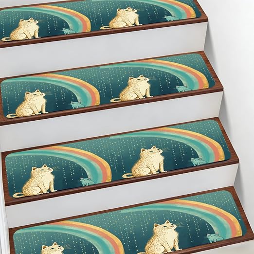 Animal Cute Cat Rainbow Stair Treads for Wooden Steps Indoor Washable Staircase Carpet 15PCS 30"x7.8" Stair Step Treads Non-Slip Staircase Covers Peel and Stick Safety Mat for Kids Elders Pets