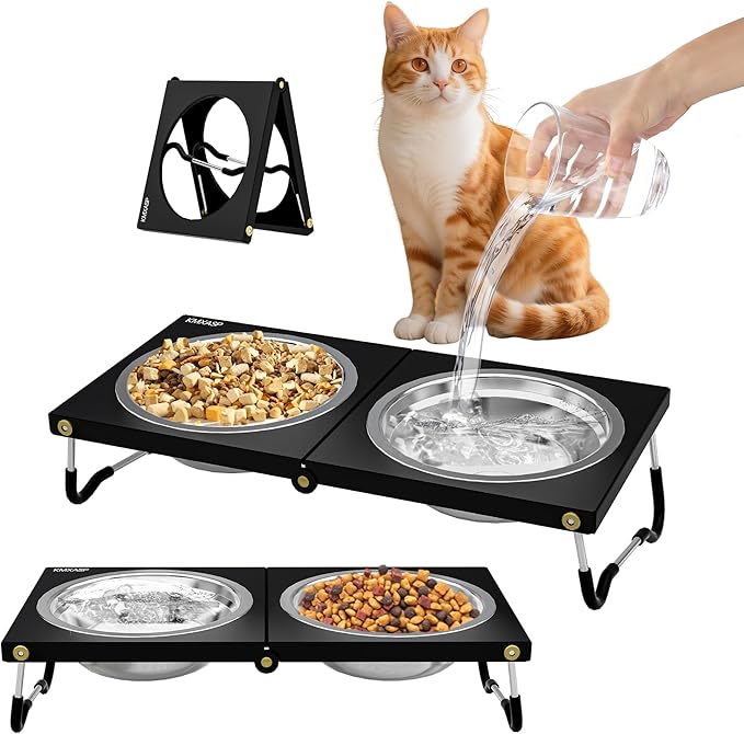 Upgraded Elevated Cat Bowls,10°Tilted Foldable Stand Anti Vomiting Raised Cat Dishes for Food and Water,2 Stainless Steel Bowls for Cats and Puppy (2 Pack)