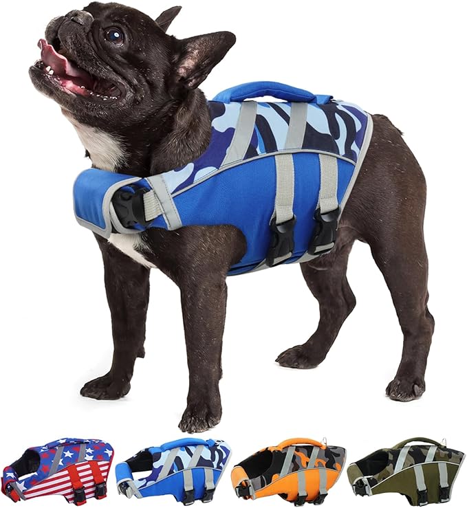 Kuoser Dog Life Jacket with Reflective Stripes, Dog Life Vest for Swimming Boating, Adjustable Pet Lifejackets with High Flotation, Doggie Swimsuit for Small Medium Large Dogs