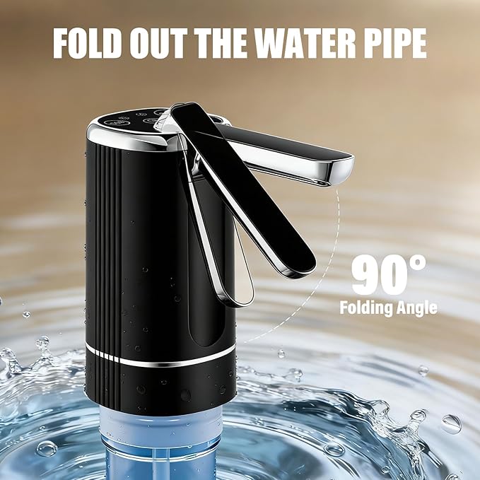 Water Dispenser Pump for 2-5 Gallon Water Bottles, USB Type-C Rechargeable with 1200mAh Battery, Foldable Spout, One-Touch Control (40s/80s), Powerful Suction for Home, Office, Camping - Black