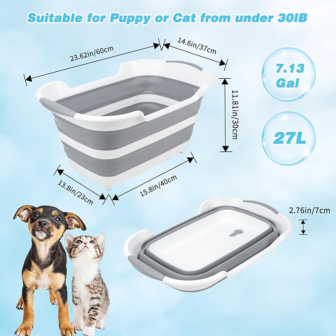 FHTONGE 7.13 Gal/27L Raised Collapsible Dog Bathtub with Drain Fur Catcher, Multifunctional Pet Washtub for Small to M Dog, Portable Puppy Tub Cat Shower Basin Laundry Basket Storage Organize Bucket