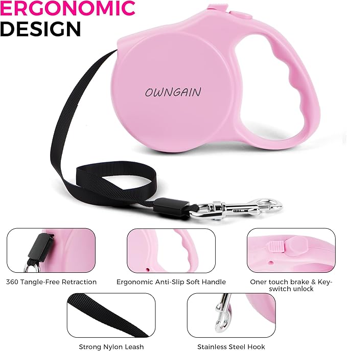 Pink Retractable Dog Leash,Strong Nylon Tape-One-Handed One Button Lock for Puppy, Cat, Pet Walking and Training,16ft Dog Walking Leash with 360°Tangle-Free Design,Anti-Slip Handle (Pink -Small)