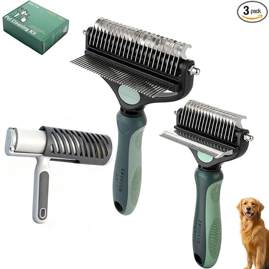 3-in-1 Deshedding Dog Brush, Deshedding Dog Grooming Brush & Undercoat Rake with Dematting Comb for medium to Large Double Coated, 3PCS, Peacock Green ﻿