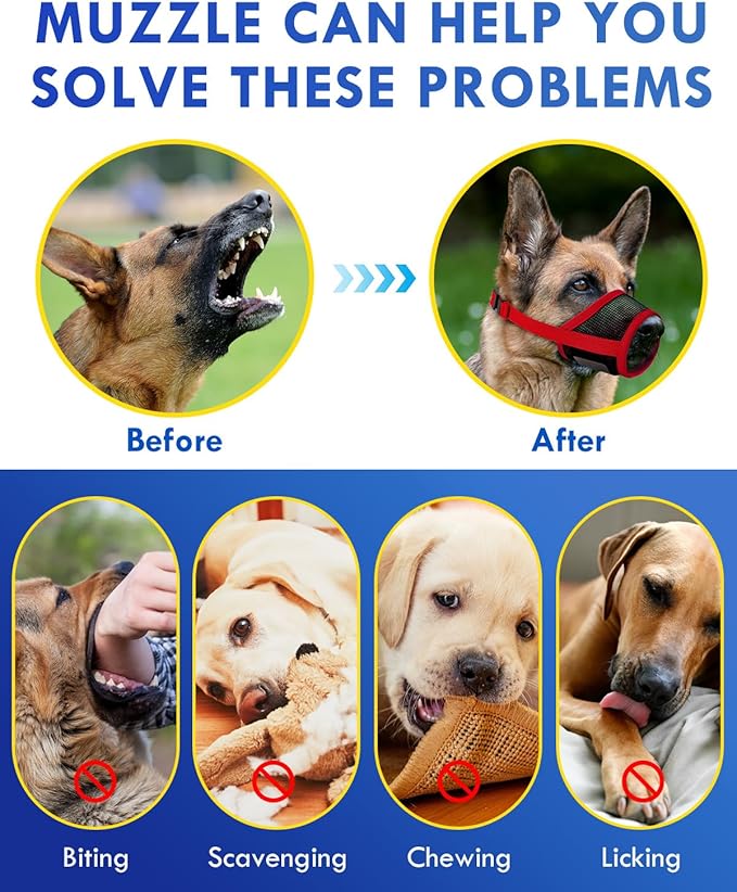 Dog Muzzle, Soft Air Mesh Muzzles for Medium Sized Dogs, Breathable Dog Mussels for Scavenging Biting Licking & Barking, Adjustable Mouth Guard for Grooming, Allows Panting and Drinking (Red,M)