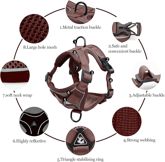 Wanheart Summer cat Chest Harness and Leash, Anti-Escape Adjustable Soft mesh cat Leash and Chest Harness Set for All Types of Cats cat Vests (Brown, XL:16.5-22.04lb)