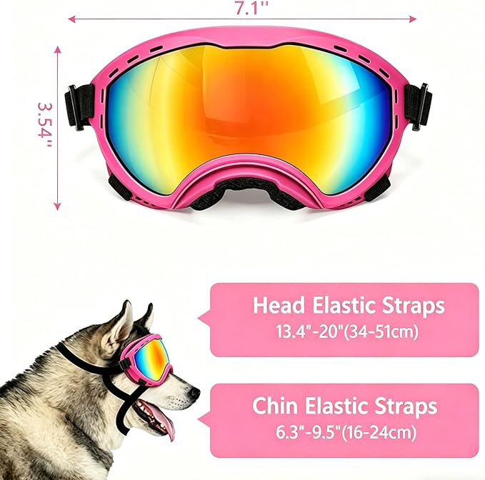 Dog Goggles for Medium to Large Breeds, UV Protection Dog Sunglasses with Colored PC Lens, Soft TPU Frame and Adjustable Straps, Windproof Dustproof Anti-Fog Pet Eyewear for Outdoor Activities (Pink)