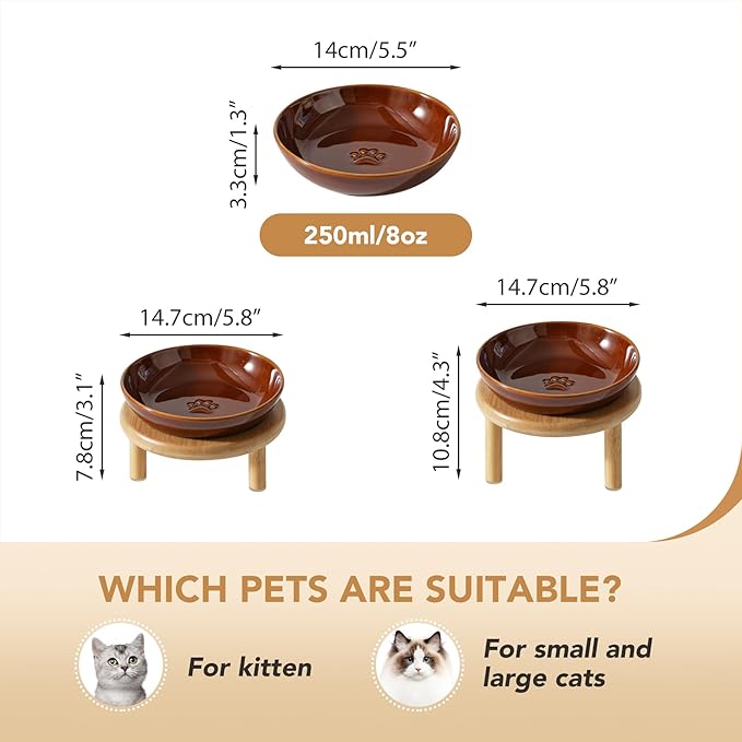 Havniva Elevated Cat Bowls Raised Ceramic Cat Bowl, 5.9” Wide Opening Cat Food Bowl Whisker Friendly Cat Dish Anti-Slip with Bamboo Stand, Shallow Pet Food & Water Bowl for Indoor Cats