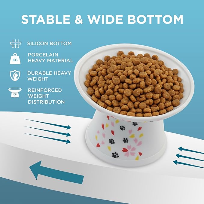 Necoichi Elevated Cat Food Bowl, Ceramic (Porcelain), Whisker-Friendly, Dishwasher & Microwave Safe, Non-Slip Silicone Base, Anti-Vomiting & Neck Fatigue (Sakura Floral, Extra Wide, 2-Cups Capacity)