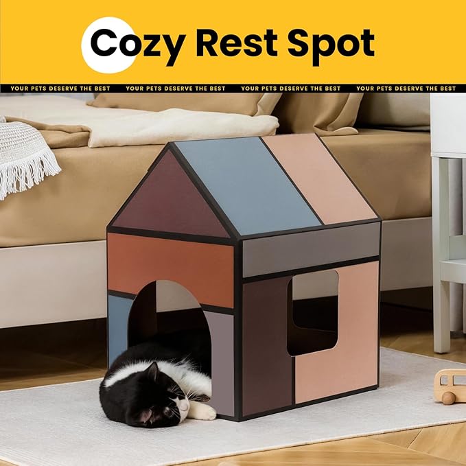 Cardboard Cat House with Scratch Pad & Catnip, Cat Play Scratching House for Indoor Hideaway Furniture, Heavy Duty Sturdy Cardboard Scratcher, Easy to Assemble Birthday Gift, Large