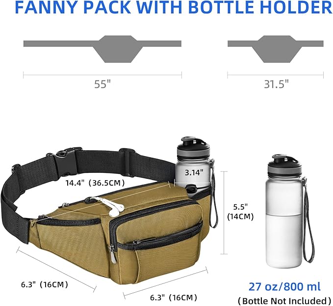 NOOLA Fanny Pack Waist Bag for Men Women, Lightweight Waist Pack with Water Bottle Holder, Adjustable Belt Bag with Multi-Pockets for Hiking, Dog Walking, Outdoor, Cycling, Running, Travel, Khaki