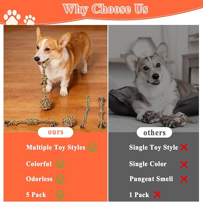 ASOCEA 5 Pack Dog Rope Toys Cotton Puppy Teething Rope Durable Chew Toys for Boredom Small Dogs Puppies Interactive Tug Toy for Training Fetching (Colorful)