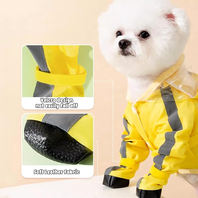 HDKUW Small Dog Raincoat & Rain Shoes Set,Full-Coverage Reflective Dog Jacket with D-Ring,Dogs Raincoat with Rain Boots Set for Puppy Small Dogs Yellow M