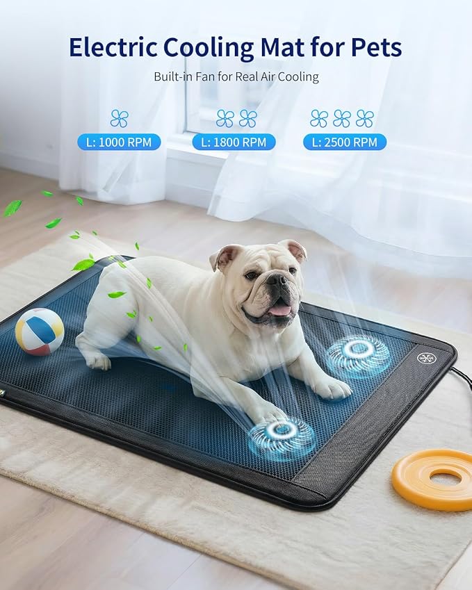 Electric Dog Cooling Mat, 30"x24" Pet Cooling Mat Indoor with Fan for Dogs and Cats, 3 Cooling Levels, Non-Slip Chill Pad for Dogs & Cats from 22–55 lbs, No Water or Refrigeration Needed