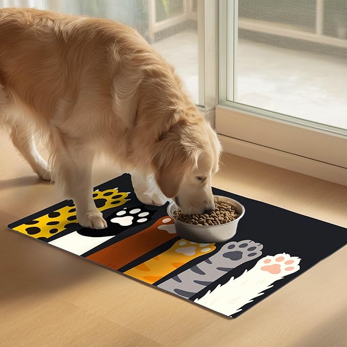 HOMETITUTE Cute Animal Paw Pet Food Mat Non Slip Spill Proof Feeding Pad for Cats Kittens Small Dogs Food and Water Bowl Mat Easy Clean Fast Dry Placemat for Pet Feeding Area Kitchen Decor 20" x 12"