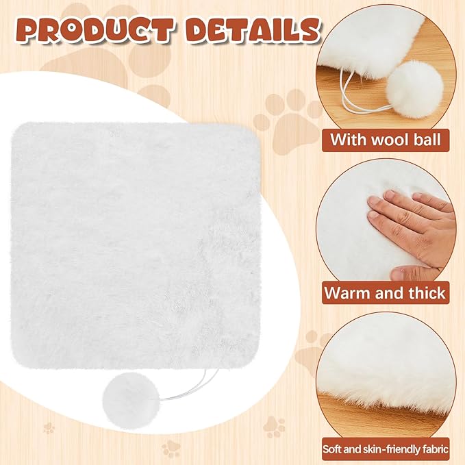 Abbylike 3 Pack 11.8 Square Cat Dog Bed Cushion Pad Mat Faux Rabbit Fur Pet Bed with Ball Anti Slip Soft Washable Cat Tree Tower Replacement Cushion Pad for Crate Cage Carrier Window Perch, White