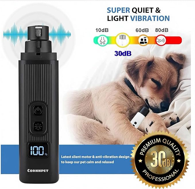 Dog Nail Grinder - 2 Speed Super Quiet and Low Vibration Electric Pet Nail Grinder - Rechargeable Dog Nail Trimmers for Small Dogs- Cat Nail Claw Clippers with 2 LED Lights（Black）