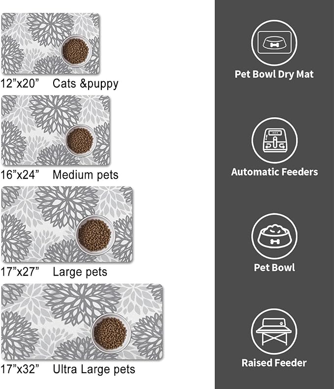 Dog Food Mats for Floors, Absorbent and Quick-Drying Pet Cat Food Mat,Anti-Fouling and Easy-to-Clean Pet Feeding Mat,Dog Bowl Mat for Messy Drinking Water Bowls.17x27, Bohemia Dahlia Floral Style