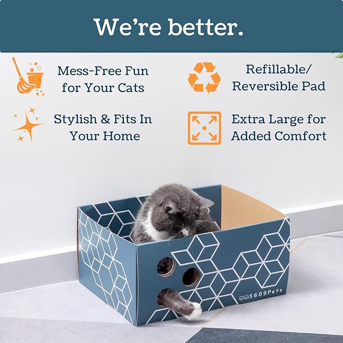 5609PETS Cat Scratching Box with 3 Refillable Double-Sided Scratch Pads, No-Mess Cat Scratcher for Indoor Cats