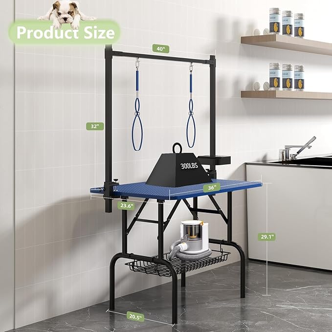 Professional Dog Pet Grooming Table Adjustable Heavy Duty Portable w/Arm & Noose & Mesh Tray (36", Blue)