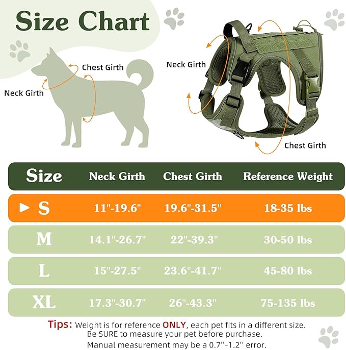 VavoPaw Heavy Duty Tactical Dog Harness for Small Dogs, No Pull Adjustable Pet Harness Reflective Service Training Easy Control Pet Vest Military K9 Working Dog Harnesses, Army Green, S