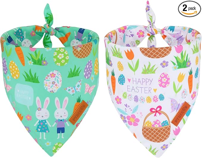 PTDECOR Easter Dog Bandana, Reversible Rabbit Easter Egg Dog Scarf, Multi Size, White Green Bandanas for Medium Large Dogs Pets (White&Green, Large)