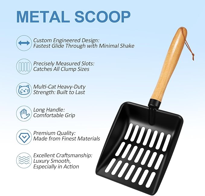 Cat Litter Scoop, Metal Litter Scoop, Heavy Duty Metal Cat Scooper for Litter Box, Black Sifter Scoop for Pellets, Wooden Handle Scoop with Hole, Kitty Necessity (Cat Litter Scoop Short with Holder)