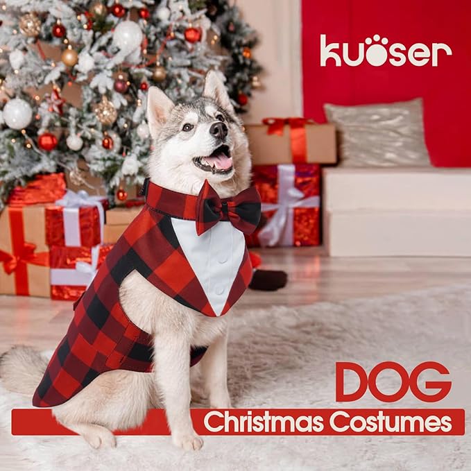 Kuoser Christmas Dog Tuxedo Dog Suit and Bandana Set, Pet Christmas Outfit Adjustable Puppy Xmas Costume with Bow Tie for Large Medium Small Dogs Golden Retriever Samo Bulldogs, Red Plaid L