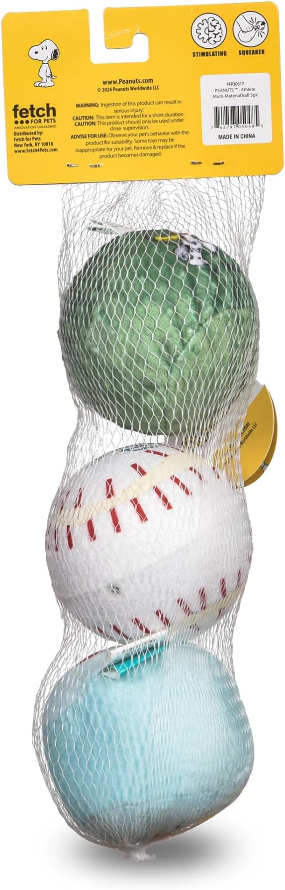 Peanuts for Pets Snoopy the Athlete Multi-Material Dog Ball Toy, 3-Pack - Squeaky, Interactive Dog Toys with Multiple Textures, Perfect for Fetch and Chew - Featuring Snoopy and Woodstock Designs