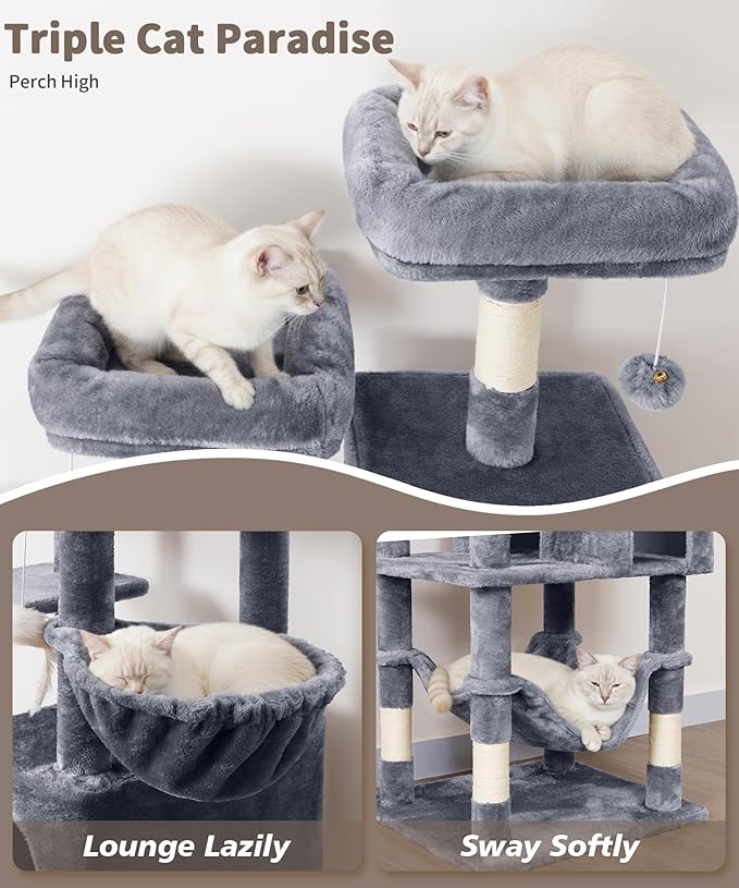 AMHANCIBLE 70 Inch Cat Tree for Large Cats, Multi-Level Cat Tower Condo with 2 Houses & Hammock for Indoor Cats, Tall Heavy Duty Kitty Playhouse, Grey, PT18GY