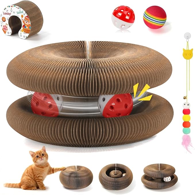 Magic Organ Cat Scratcher Boards with 2 Balls & 1 Interactive Cat Feather Toy, Foldable Recyclable Accordion Cats Toy with Ball and Track Adventure, Cat Scratching Pad