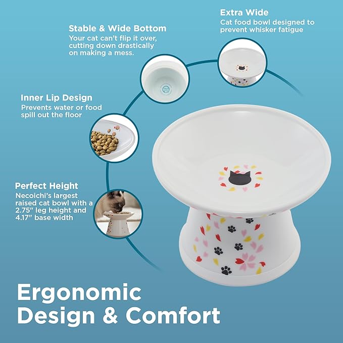Necoichi Elevated Cat Food Bowl, Ceramic (Porcelain), Whisker-Friendly, Dishwasher & Microwave Safe, Non-Slip Silicone Base, Anti-Vomiting & Neck Fatigue (Sakura Floral, Extra Wide, 2-Cups Capacity)