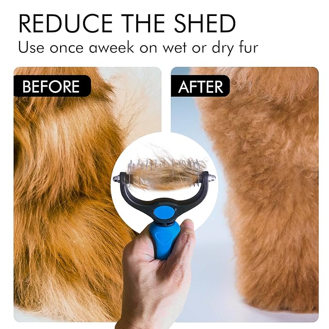 Pet Grooming Brush and Metal Comb Combo, Pet Grooming Rake and Brushes for Small, Medium & Large Dogs Double Sided Deshedding Tool Removes Knots and Tangled Hair (Blue)