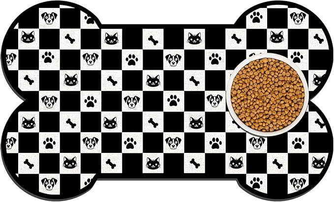 Pet Dog Cat Food Mat, Absorbent Bone Shaped Dog Bowl Mats for Food and Water, Non Slip Cute Footprint Dogs Cat Placemats Feeding Mat for Floors Puppy Pet Accessories Supplies 12"x20" Black White