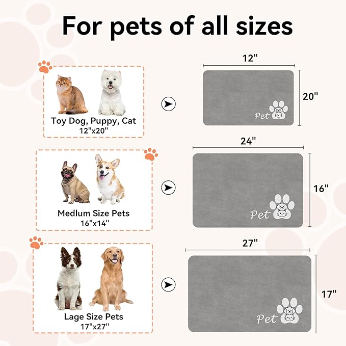 Dog Cat Feeding Mat-Absorbent Pet Bowl Mat for Food and Water, Quick Dry Water Dispenser Mat for Floors with Waterproof Rubber Backing, Puppy Cat Placemat Mats for Messy Drinkers,16"x24",Grey