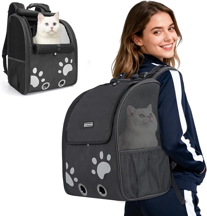 Cat Backpack Carrier with Comfort Handle, Ventilated Cat Backpack with Reflective Strips, with Chest and Shoulder Buckles, Foldable Cat Carrying Backpack for Kitty Small Dog up to 15lbs(Black).