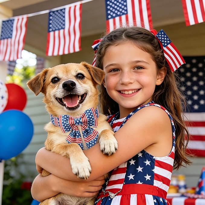 DOGWONG 4th of July American Flag Dog Collar, Red Blue Sailor Bow Tie Dog Collars with Metal Adjustable Buckle, Comfortable Independence Day Dogs Collars for Large Dogs