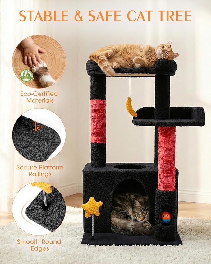 30In Cute Cat Tower for Indoor Cats with Cat Condo, Plush Platform, Hammock, Sisal Scratching Posts, Dangling Ball, Tall Cat Tree Tower with Self-Grooming Brush (Jet Black)