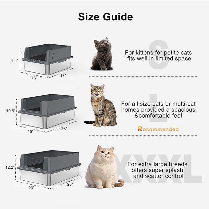 FURTIME Stainless Steel Cat Litter Box, Easy-Clean High-Sided Metal Litter Box, Open-Top Litter Pan for Small Cats, Includes Scoop & Mat, Non-Stick, Anti-Leakage, 17"×13"×8.4"