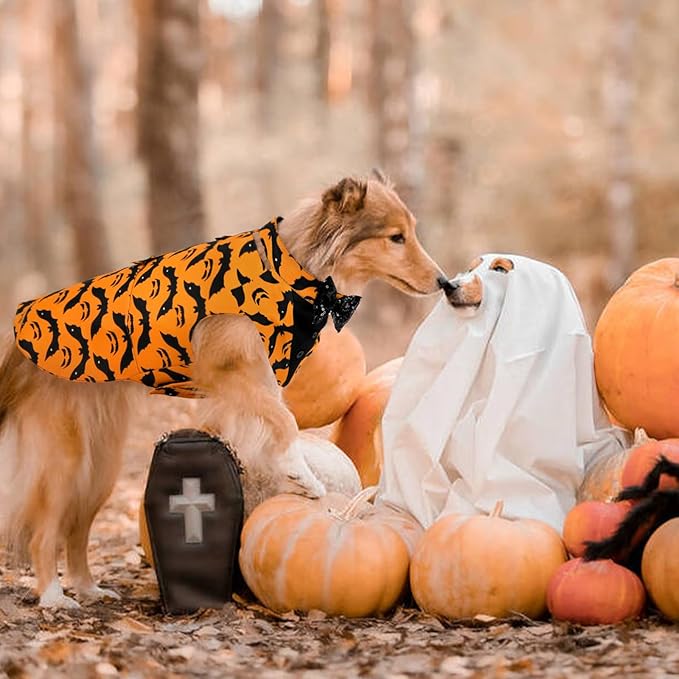 Kuoser Dog Tuxedo Suit and Bandana Set, Bat Pumpkin Print Dogs Halloween Outfit Adjustable Dog Halloween Costume with Bow Tie for Large Medium Small Dogs Golden Retriever Samo Bulldogs, Orange XL